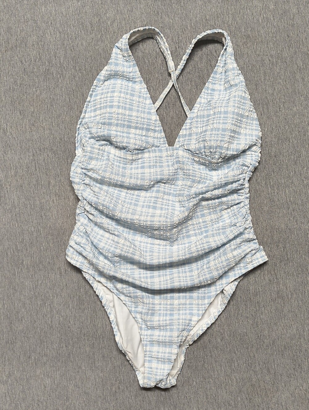 Shade & Shore Women’s Gingham Pucker PlungeOne‑Piece Swimsuit – Blue (Size L)